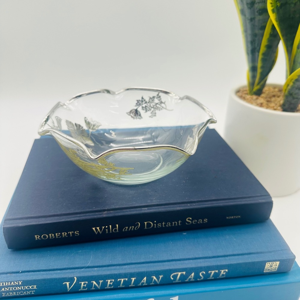 Vintage Silver Overlay Floral Clear Glass Ruffled Edge Bowl 5.75"